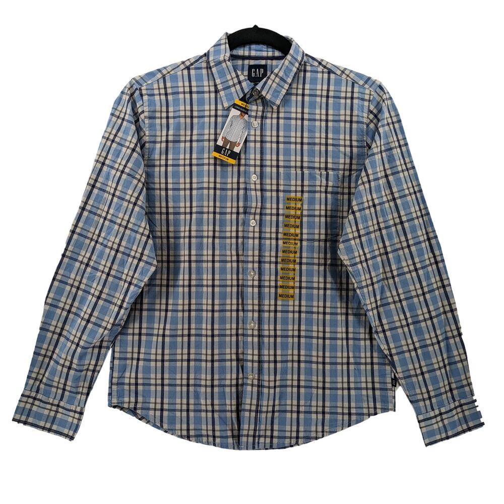 Gap Poplin Shirt Mens M Glacier Gray Blue Plaid Long Sleeve Button Down Workwear